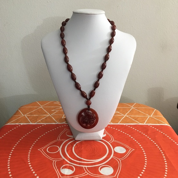 Carved Dragon Asian Natural Carnelian Necklace - Picture 1 of 12